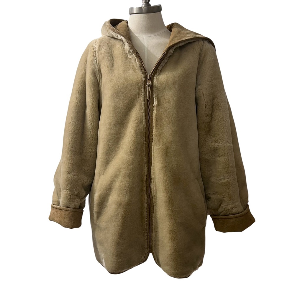 Winlit New York Reversible Genuine Leather Suede Faux Fur Hooded Coat Tan Medium - Picture 10 of 11